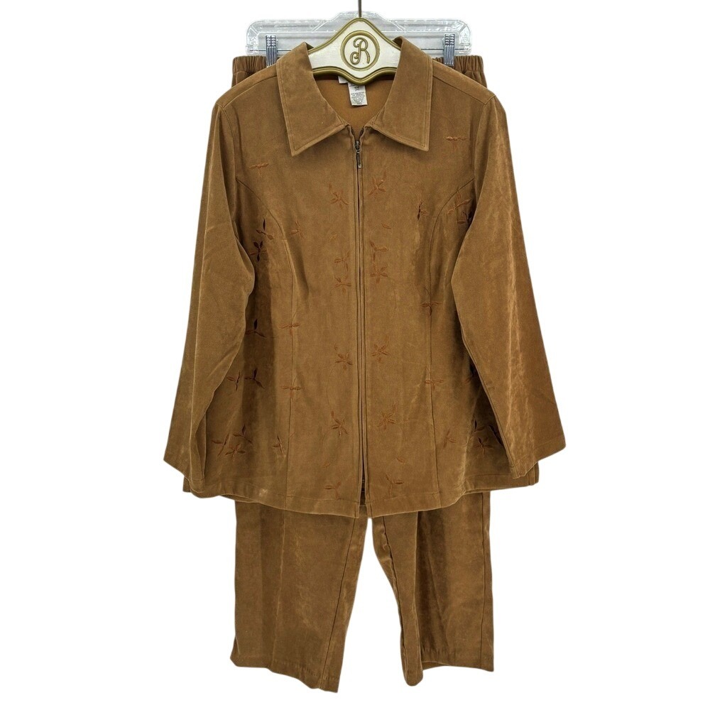 Vintage Faux Suede Jacket Pant Set 16W Brown Embroidered 90s Boho Indie Western